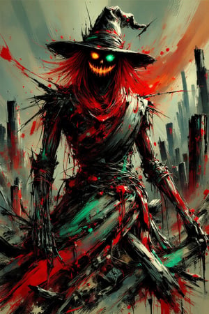 Art style of Benedick bana, pumpkin head, Jack-o'-lantern a scarecrow  crimson painting splattered haired, intricate Sharp focus,  , scarecrow hat, neon green muscles and veins inner intricate render, , dynamic pose ruins city forest background, .,Lux render optimizing,inksketch