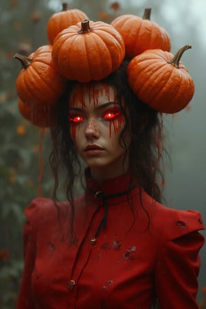 (Motion blur:1),(Art style of Benedick bana:1.6),, ,  fashion pose, pumpkin rain,, crimson painting splattered haired, intricate Sharp focus,   pumpkin heads on head  misty background, fire eyes