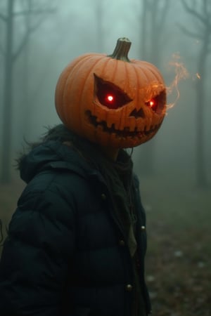 (Motion blur:1),(Art style of Benedick bana:1.6),, ,  ,   pumpkin heads with scary faces on head, with little pumpkin teeth, misty background, fire eyes