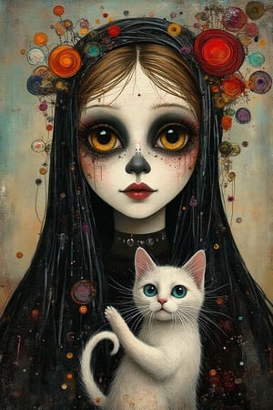 Human ghost face holding a kitten, Halloween makeup, whimsical folk art in the style of Julia pott Quentin Black Kandinsky 