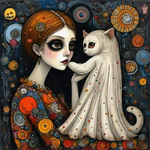 Human ghost face holding a kitten, Halloween makeup, whimsical folk art in the style of Julia pott Quentin Black Kandinsky 