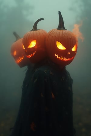 (Motion blur:1),(Art style of Benedick bana:1.6),, ,  ,   pumpkin heads with scary faces on head  misty background, fire eyes