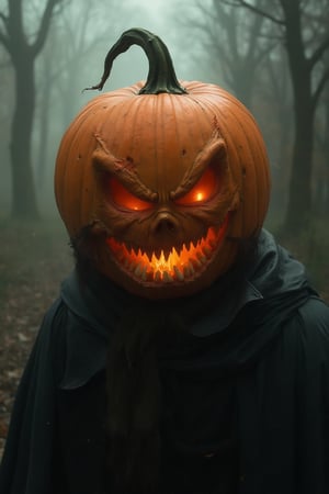 (Motion blur:1),(Art style of Benedick bana:1.6),, ,  ,   ugliest pumpkin heads with scary faces on head,  pumpkin teeth, misty background, fire eyes