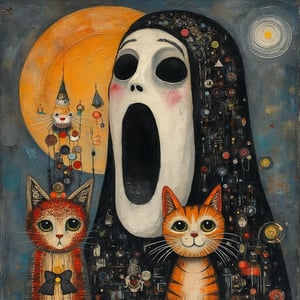 Phantom ghost face and kitten, Halloween makeup, whimsical folk art in the style of Julia pott Quentin Black Kandinsky 