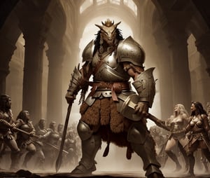 crowded, festive, great hall, female concubines, paladin, knights , best quality, battle seasoned ,Kings, civilised barbarian,  frank frazetta, conan , Male, Champion, Extreme Fitness,  ,Bravery, regal , structure ,War axe, war hammer , huge, black hair, olive complextion, splint mail armor, great helm,Lich king.,dragonborn