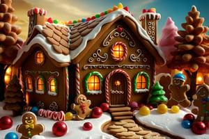 masterpiece, high quality animation, aesthetic photo ,(HDR:1.4), pore and detailed, intricate detailed, graceful and beautiful textures, RAW photo, 16K, warm tone, sharp, in the snow, (gingerbread-house:1.4), confectionery,  scattered gummies,, cookie outer wall, cookie roof with fresh-cream, candy tree, colorful,more detail XL,kid_backdrop,