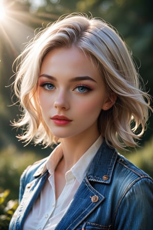 masterpiece, high quality realistic, aesthetic photo, pore and detailed, intricate detailed, graceful and beautiful textures, head to waist portrait, diffused sunlighting, head lighting, nordic young girl, beautiful face, platinum blonde medium hair, hair blowing in the wind, detailed cool eyes, eye shadow, smoth fair skin, medium breasts, thin belt, jeans jacket over white collared shirt, in the night yacht harbor, 