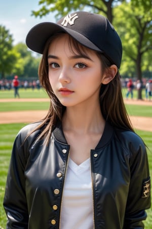 masterpiece, high quality realistic, realistic aesthetic photo ,(HDR:1.2), pore and detailed, intricate detailed, graceful and beautiful textures, RAW photo, 16K, sharp forcus, vibrant colors, in the park, front view, (head to waist portrait), little-girl, beautiful face, medium straight hair, open chest baseball jacket over black shirt, baseball cap,LinkGirl