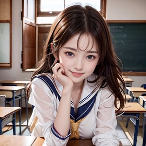 masterpiece, 8k, RAW, photo realistic, detailed finger, (a 16yo japan girl),  cute face,  light smile, smooth soft parl skin, light-blown medium wavy hair, medium breasts, (at classroom),  blackboard,                                                                       
(japanese high-shcool sailor uniform)  ,enjoy talking                   
