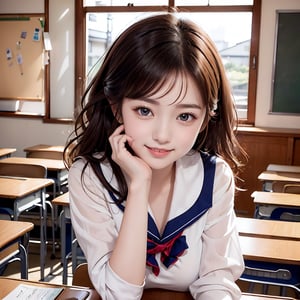 masterpiece, 8k, RAW, photo realistic, detailed finger, (a 16yo japan girl),  cute face,  light smile, smooth soft parl skin, light-blown medium wavy hair, medium breasts, (at classroom),  blackboard,                                                                       
(japanese high-shcool sailor uniform)  ,enjoy talking                   
