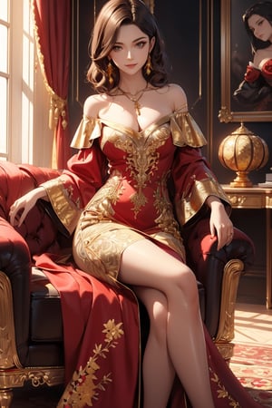 masterpiece, best quality, 8k high quality photo, intricate detail,  catsle's livingroom, look at camera,
25yo-1girl, detailed fair skin, detailed face, smirk, dark-brown shoulder length straight hair, large breasts, cleavage, small gold necklace,(dark-red and gold fine-embroidery off-shoulder dress:1.5), crossed_legs, sit in a luxurious chair