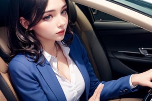 (((sit in the driver's seat of a car))) , realistic, perfect detailed, realistic details, intricate detail, cgi, masterpiece, best illustration,soft lighting                                                                   23yo-1female teacher, smooth soft pale skin, dark-blown curl medium hair,detail beautiful light makeup face, medium breasts, detailed car interior, 
 white collared shirt, (navy-blue unbuttoned blazer:1.2), (detailed fingers), (((side from close-up bust up shot))), look at the direction of travel,                                                    (((her hand grab the steering wheel of a car))),         