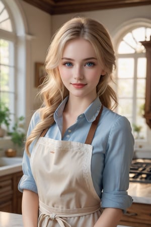 masterpiece, high quality realistic, aesthetic photo, pore and detailed, intricate detailed, graceful and beautiful textures, RAW photo, 16K, (bust up shot), cinamatic lighting, in the mansion kitchen, young girl, cute face, light smile, blond medium hair, light blue eyes, juicy lips, apron over casual shirt,  