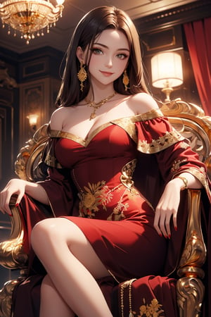 masterpiece, best quality, 8k high quality photo, intricate detail,  catsle's livingroom, look at camera,
25yo-1girl, detailed fair skin, detailed face, evil smile, dark-brown shoulder length straight hair, large breasts, cleavage, small gold necklace,(dark-red and gold fine-embroidery off-shoulder dress:1.5), crossed_legs, sit in a luxurious chair, from below,