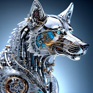 masterpiece, high quality, realistic aesthetic photo ,(HDR:1.2), pore and detailed, intricate detailed, graceful and beautiful textures, RAW photo, 16K, on the laboratory bench, glass skin mechanical wolf, (bio hybrid robot), transparent glass skin,c1bo