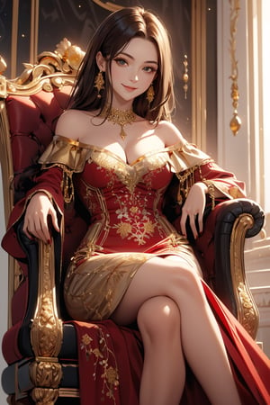 masterpiece, best quality, 8k high quality photo, intricate detail,  catsle's livingroom, look at camera,
25yo-1girl, detailed fair skin, detailed face, evil smile, dark-brown shoulder length straight hair, large breasts, cleavage, small gold necklace,(dark-red and gold fine-embroidery off-shoulder dress:1.5), crossed_legs, sit in a luxurious chair, low position from below,