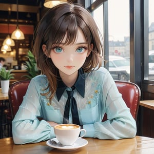 masterpiece, high quality animation, aesthetic photo, pore and detailed, intricate detailed, graceful and beautiful textures, RAW photo, 16K, in the cafe, european girl fused on topaz, beautiful face, detailed eyes, darkcollared shirt, sit on a chair and coffee cup on table,Eyes,xxmix_girl