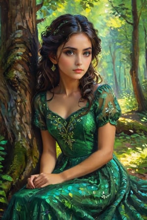 masterpiece, high quality animation, aesthetic photo ,(HDR:1.4), pore and detailed, intricate detailed, graceful and beautiful textures, RAW photo, 16K, in the forest, beautiful young girl, cool face, dark brown eyes, eye shadow, dark blown medium hair, lighr dreen open dhest dress, sitting by the tree,DonMCyb3rSp4c3XL,impressionist painting