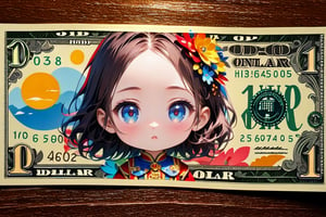 masterpiece, high quality animetion, aesthetic photo ,(HDR:1.2), pore and detailed, intricate detailed, graceful and beautiful textures, RAW photo, 16K, sharp forcus, vibrant colors, ((chibi girl face theme)), chibi-girl face in a 1dollar-bill,
