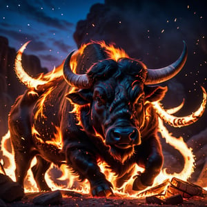 masterpiece, high quality, pore and detailed, intricate detailed, RAW photo, 16K, cinematic lighting, at night, burn ferocious-buffalo, stunning horns, (flare up body), glitter,Disney pixar style