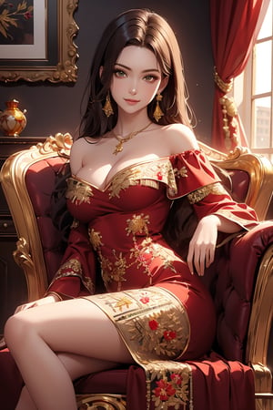 masterpiece, best quality, 8k high quality photo, intricate detail,  catsle's livingroom, look at camera,
25yo-1girl, detailed fair skin, detailed face, smirk, dark-brown shoulder length straight hair, large breasts, cleavage, small gold necklace,(dark-red and gold fine-embroidery off-shoulder dress:1.5), crossed_legs, sit in a luxurious chair