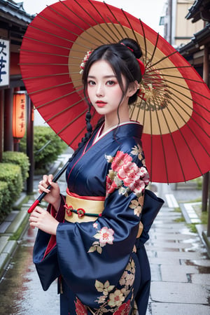  ((hand holding red Japanese umbrella)), a beautiful japanese 1girl, detaled face, dark eyes,
decorative topknot black hair, red ornate hairpin, detailed (navy-blue silk fabric brocade kimono), at rainy day of kyoto street, in photorealistic,hand holding umbrella,perfect,wearing kimono