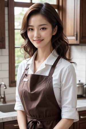 masterpiece, high quality realistic, aesthetic photo, pore and detailed, intricate detailed, graceful and beautiful textures, RAW photo, 16K, (bust up shot),  lighting, in the mansion kitchen, beautiful japanese woman, cute face, light smile, dark brown medium wavy hair, natural lips, check pattern apron over casual shirt,