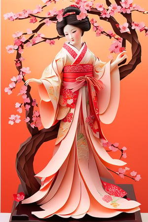 masterpiece, high quality realistic,  pore and detailed, intricate detailed, (paper craft art), (art nouveau style:1.1) japanese oyamagata doll, Cherry tree, kirigami,