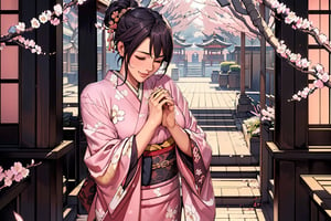 (((palms together))), detailed finger, a beautiful japanese 1girl, front view, detaled face, fair skin, shy smile, closed-eyes, decorative topknot black hair, red ornate hairpin,  outdoor, sharp lighting, deep shadow,  ((standing plum blossoms in full bloom)),                                                                                                  (((light-pink color detailed-plam-pattern brocade kimono))),                                                                                                            (hands together together:1.5)      