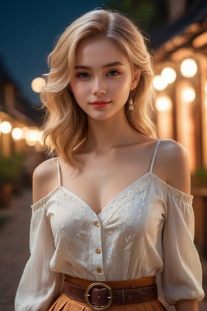 masterpiece, high quality realistic, aesthetic photo, pore and detailed, intricate detailed, graceful and beautiful textures, RAW photo, 16K, cinematic lighting, in the night darden, beautiful girl fused on topaz, cute face, little smile, blond medium hair, open chest shirt,thin belt, flared skirt,niji5