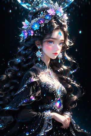 masterpiece, high quality animation, aesthetic photo, pore and detailed, intricate detailed, graceful and beautiful textures, RAW photo, 16K, (head to waist portrait), (Fusion with crystal), noble and elegant, captivating young girl, beautiful face, detailed crystal eyes, black long wavy hair, crystal flower hair ornament, dress, fantacy world art,