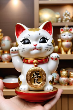 masterpiece, high quality, realistic aesthetic photo, maneki-neko, right-hand up, holding oval, the Japanese-ornament, on the japanese shop's counter,chibi,