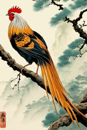 very-long-tailed chicken,
perched on a tree-branch, black eyes, detailed foot, high-detailed,  japanese art,Digital painting ,ukiyo_e,more detail XL