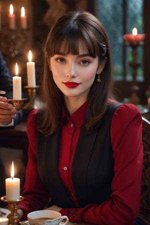 masterpiece, high quality realistic, aesthetic photo, pore and detailed, intricate detailed, graceful and beautiful textures, RAW photo,16K, candle lighting, in the castle dinner party, coffee cup on the table,sitting  beautiful human girl, elegant face, little smile, dark brown straight medium hair,blunt bangs, red lips, dark red collared shirt, black suit