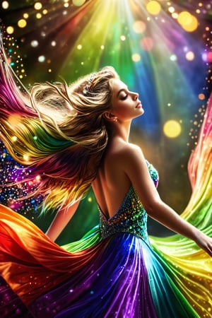 masterpiece, high quality, realistic aesthetic photo ,(HDR:1.4), pore and detailed, intricate detailed, graceful and beautiful textures, RAW photo, 16K, (bokeh:1.1),  diffused sunlight, cool tone, young girl engraved on rainbow-diamond, beautiful face, wavy long hair, colorful sexy dress, dancing,DonMF41ryW1ng5XL,photo r3al