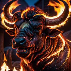 masterpiece, high quality, pore and detailed, intricate detailed, RAW photo, 16K, cinematic lighting, at night, burn ferocious-buffalo, stunning horns, (flare up body), glitter,Disney pixar style