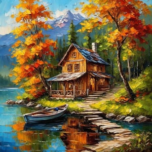 masterpiece, high quality animation, (oil painting art), ((Impasto technique)), pore and detailed, intricate detailed, wooden boat-house near a lake deep in the mountains,