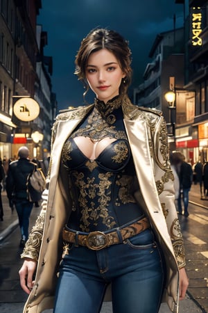 masterpiece, high quality realistic, aesthetic photo, pore and detailed, intricate detailed, graceful and beautiful textures, RAW photo, 16K, (head to thighs portrait), cinematic lighting, on the night street,  young european girl, beautiful face, light smile, jacket over sexy bodysuit, thin belt, jeans,model pose,