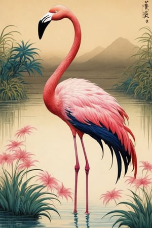 1pink flamingo in the wetland, forcus on, detailed eye, detailed beak, world famous works, ukiyoe-style, Works by Katsushika Hokusai, more detail XL,ukiyo_e