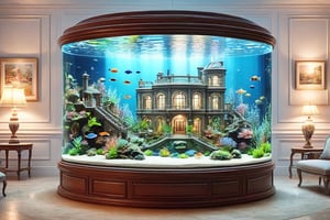 masterpiece, high quality realistic, realistic aesthetic photo, (in the mansion livingroom), aquarium theme, group of buildings night-view in the water-tank, small-freshwater-fish,