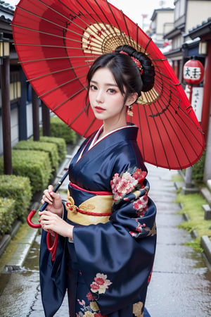  ((hand holding red Japanese umbrella)), a beautiful japanese 1girl, detaled face, dark eyes,
decorative topknot black hair, red ornate hairpin, detailed (navy-blue silk fabric brocade kimono), at rainy day of kyoto street, in photorealistic,hand holding umbrella,perfect,wearing kimono