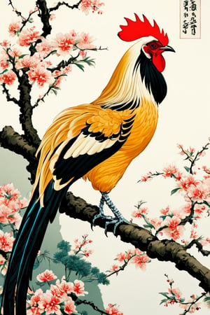 very-long-tailed chicken,
perched on a tree-branch, black eyes, detailed foot, high-detailed,  japanese art,Digital painting ,ukiyo_e,more detail XL