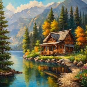 masterpiece, high quality animation, (oil painting art),pore and detailed, intricate detailed, ((wooden boat-house near a lake deep in the mountains)),