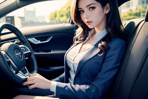 realistic, perfect detailed, realistic details, intricate detail, cgi, masterpiece, best illustration,soft lighting                                                                   23yo-1female teacher, smooth soft pale skin, dark-blown curl medium hair, detail beautiful light makeup face, medium breasts, detailed car interior, 
 white collared shirt, (navy-blue unbuttoned blazer:1.2), navy-blue skirt, (((sit in the driver's seat of a car))), (((side from bust up shot))), look at the direction of travel,                                                    (((her hand put the steering wheel of a car:1.5))),  ((the steering wheel of a car))     