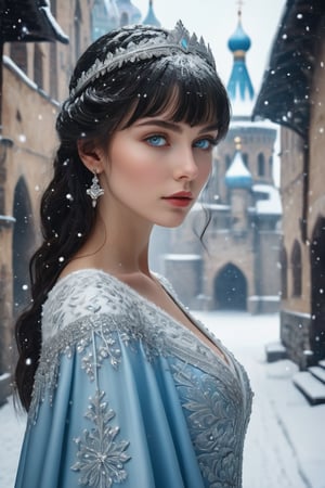masterpiece, high quality animation, aesthetic photo, pore and detailed, intricate detailed, graceful and beautiful textures, RAW photo, 16K, 
in the medieval russia cityscape, in the snow, young russian girl fused on diamonds, elegant face, light blue eyes, eye shadow, smooth fair skin, jet black medium hair, blunt bangs, white sexy dress,,photo r3al