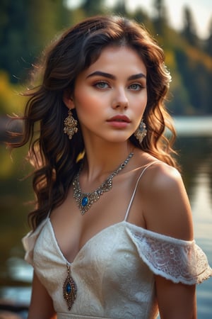 masterpiece, high quality realistic, realistic aesthetic photo ,(HDR:1.2), pore and detailed, intricate detailed, graceful and beautiful textures, RAW photo, 16K, (bokeh:1.1), sharp forcus, vibrant colors,  at afternoon, beautiful girl,  detailed eyes, black medium wavy hair, shaggy cut hair, juicy lips, necklace, white open chest dress, smooth skin, standing by the lake,scenery