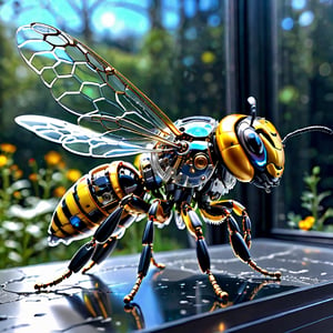 masterpiece, high quality, realistic aesthetic photo ,(HDR:1.2), pore and detailed, intricate detailed, graceful and beautiful textures, RAW photo, 16K, side view, (in the glass ground, on the cosmos), glass mechanical flying bee, (bio hybrid robot), transparent glass skin, glass wing,c1bo