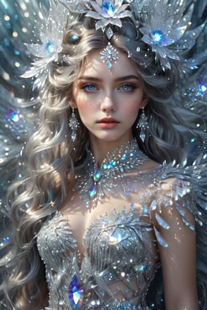 masterpiece, high quality realistic, fantacy-world art, aesthetic photo, pore and detailed, intricate detailed, graceful and beautiful textures, RAW photo, 16K, (head to waist portrait), background of crystal shards, Fusion with crystal, captivating young girl, beautiful face, detailed crystal eyes, silver long wavy hair, crystal flower hair ornament, dress,