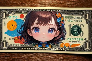 masterpiece, high quality animetion, aesthetic photo ,(HDR:1.2), pore and detailed, intricate detailed, graceful and beautiful textures, RAW photo, 16K, sharp forcus, vibrant colors, ((chibi girl face theme)), chibi-girl face in a 1dollar-bill,