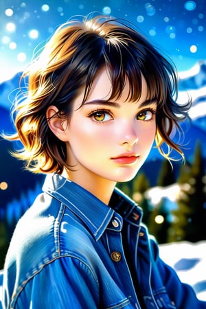 masterpiece, high quality realistic, realistic aesthetic photo ,(HDR:1.2), pore and detailed, intricate detailed, graceful and beautiful textures, RAW photo, 16K, (bokeh:1.1), sharp forcus, (head to waist portrait), on the snow mountain,, mysterious, French-girl fused topaz, cute face, silver wavy short hair, curled bangs, collared shirt, jeans, 